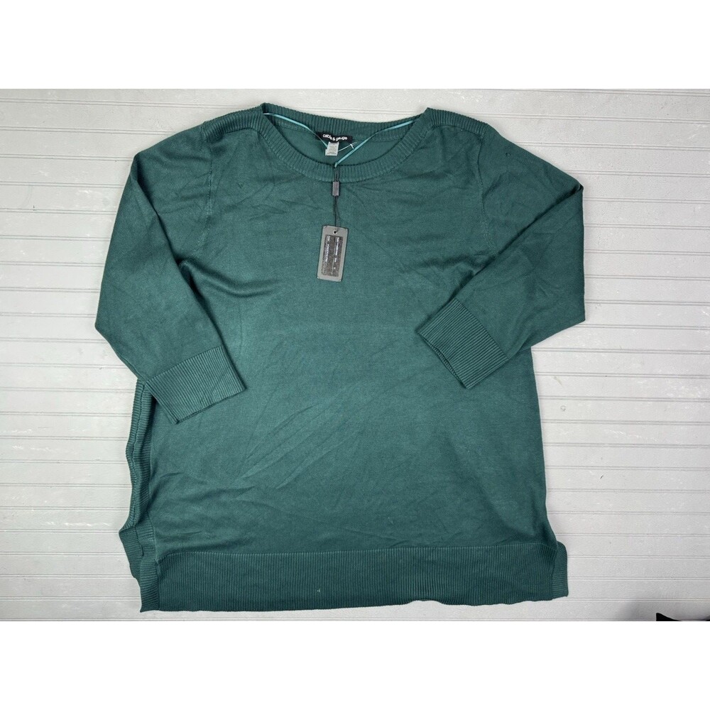 Cable & Gauge Size 1X Womens Sweater Pull Over Green Tunic Style 3/4 Sleeve